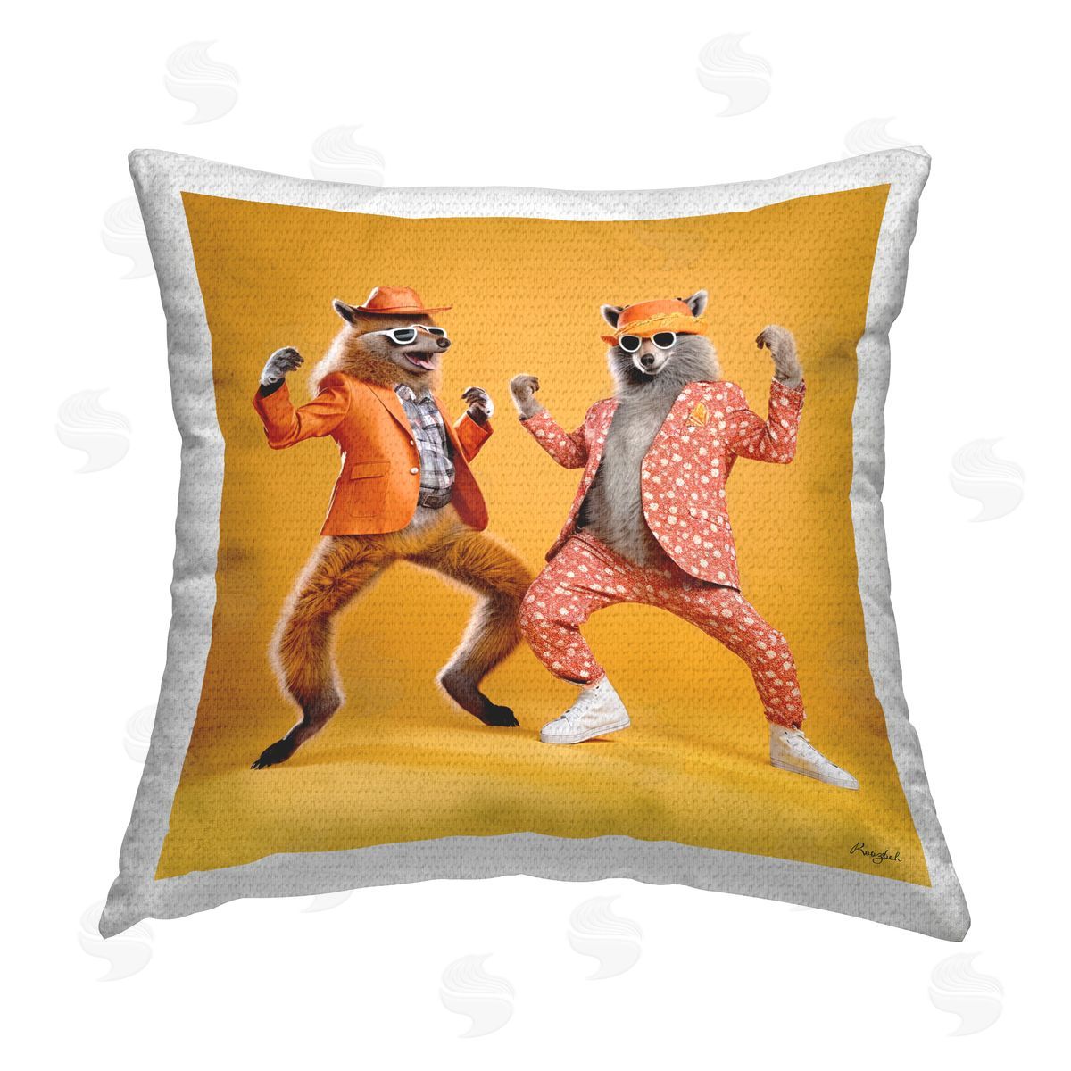 Roozbeh Foxes Dancing on Yellow Outdoor Quick-Dry Polyester Printed Throw Pillow