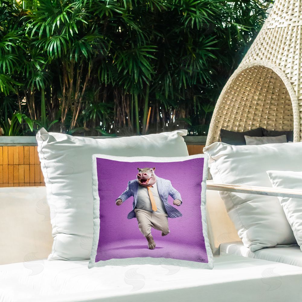 Roozbeh Stylish Hippo on Purple Outdoor Quick-Dry Polyester Printed Throw Pillow in Back Yard