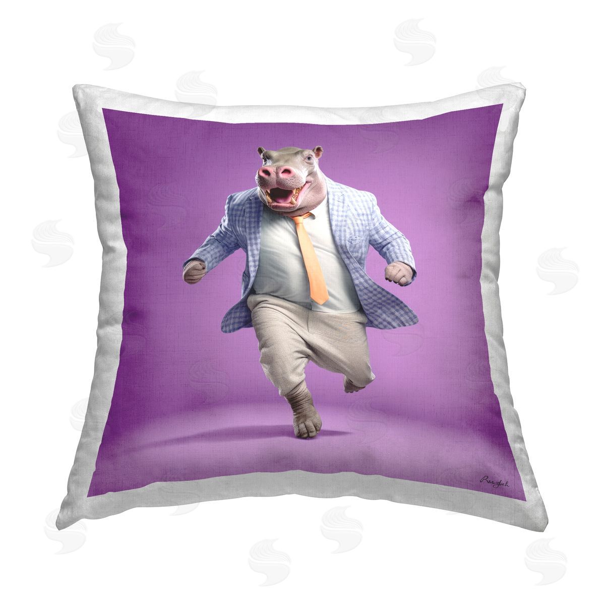 Roozbeh Stylish Hippo on Purple Printed Plush Polyester Throw Pillow