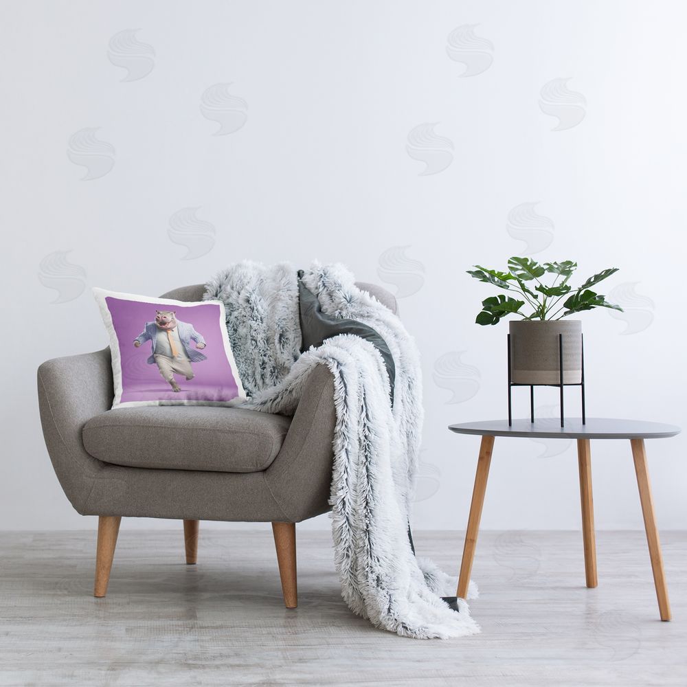 Roozbeh Stylish Hippo on Purple Printed Plush Polyester Throw Pillow On Chair