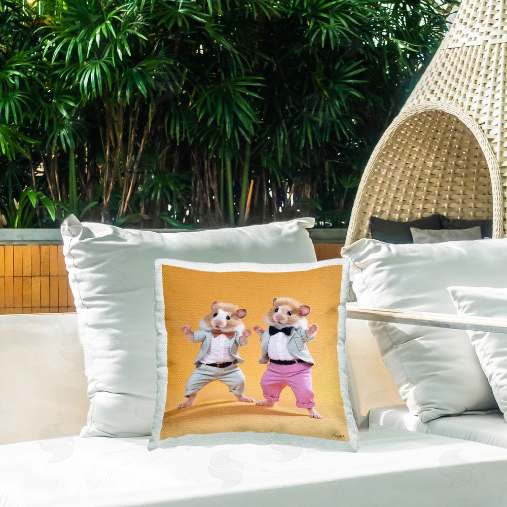 Roozbeh Two Hamsters Dancing Outdoor Quick-Dry Polyester Printed Throw Pillow in Back Yard