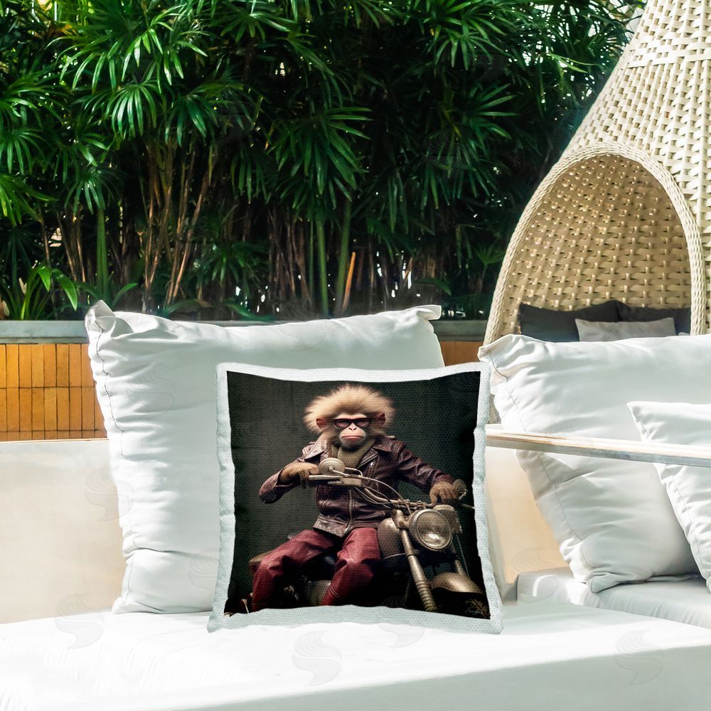Roozbeh Biker Monkey Portrait Outdoor Quick-Dry Polyester Printed Throw Pillow in Back Yard
