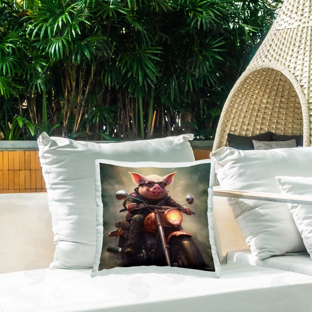 Roozbeh Pig Riding Motorcycle Outdoor Quick-Dry Polyester Printed Throw Pillow in Back Yard