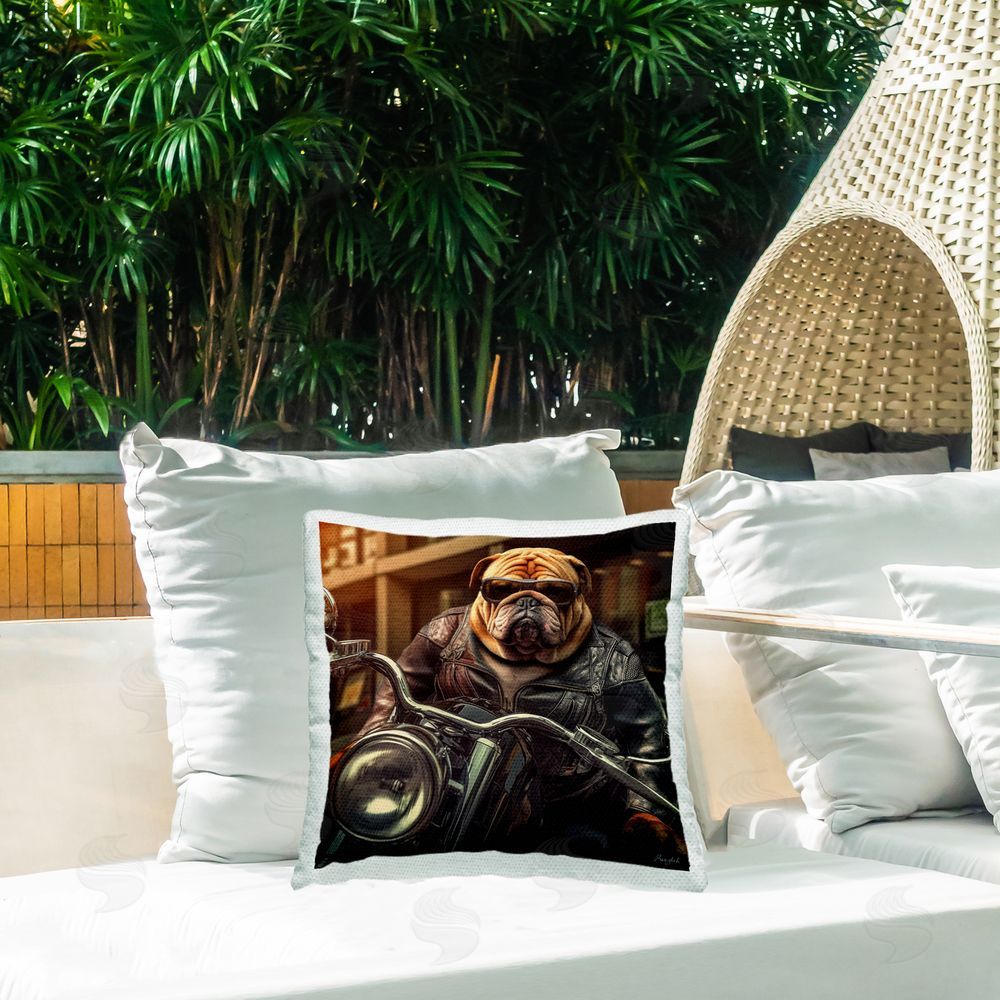 Roozbeh Bulldog on Motorcycle Outdoor Quick-Dry Polyester Printed Throw Pillow in Back Yard