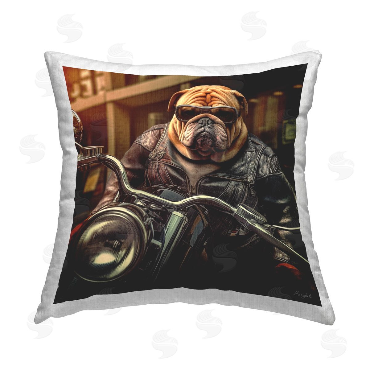 Roozbeh Bulldog on Motorcycle Printed Plush Polyester Throw Pillow