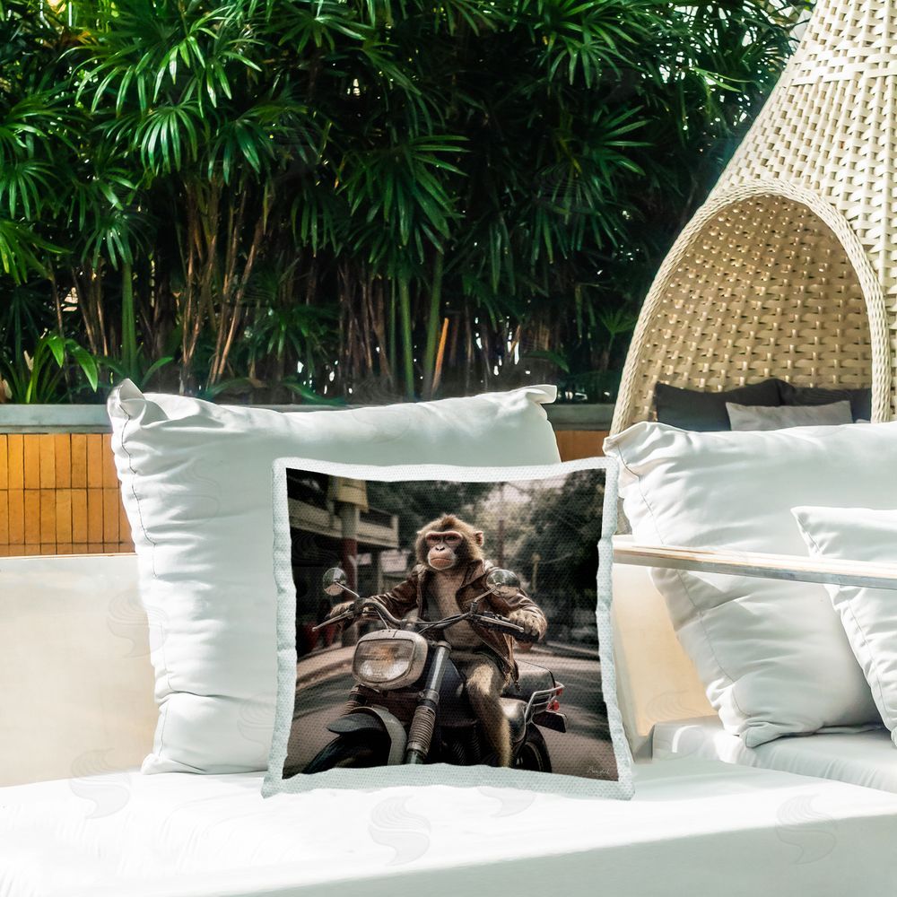 Roozbeh Biker Monkey Scenery Outdoor Quick-Dry Polyester Printed Throw Pillow in Back Yard