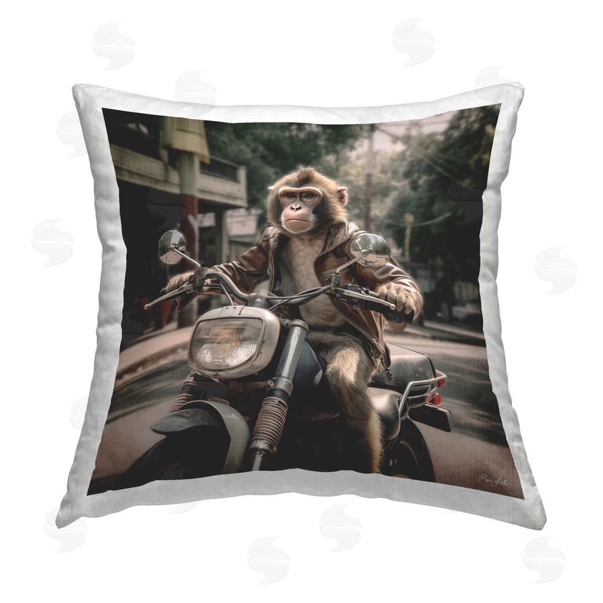 Roozbeh Biker Monkey Scenery Printed Plush Polyester Throw Pillow