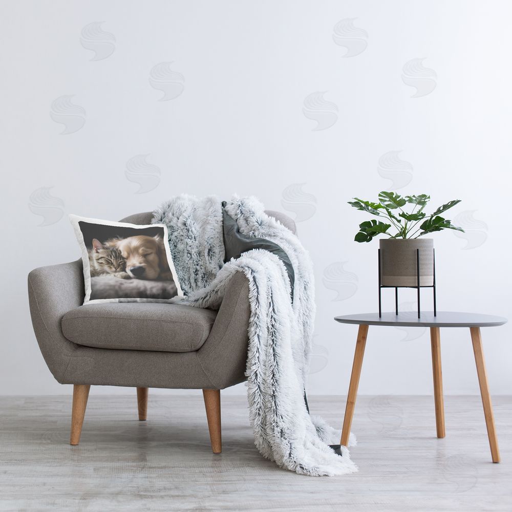 Roozbeh Sleeping Dog & Cat Printed Plush Polyester Throw Pillow On Chair