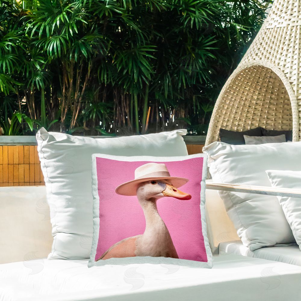 Roozbeh Duck with Hat on Pink Outdoor Quick-Dry Polyester Printed Throw Pillow in Back Yard