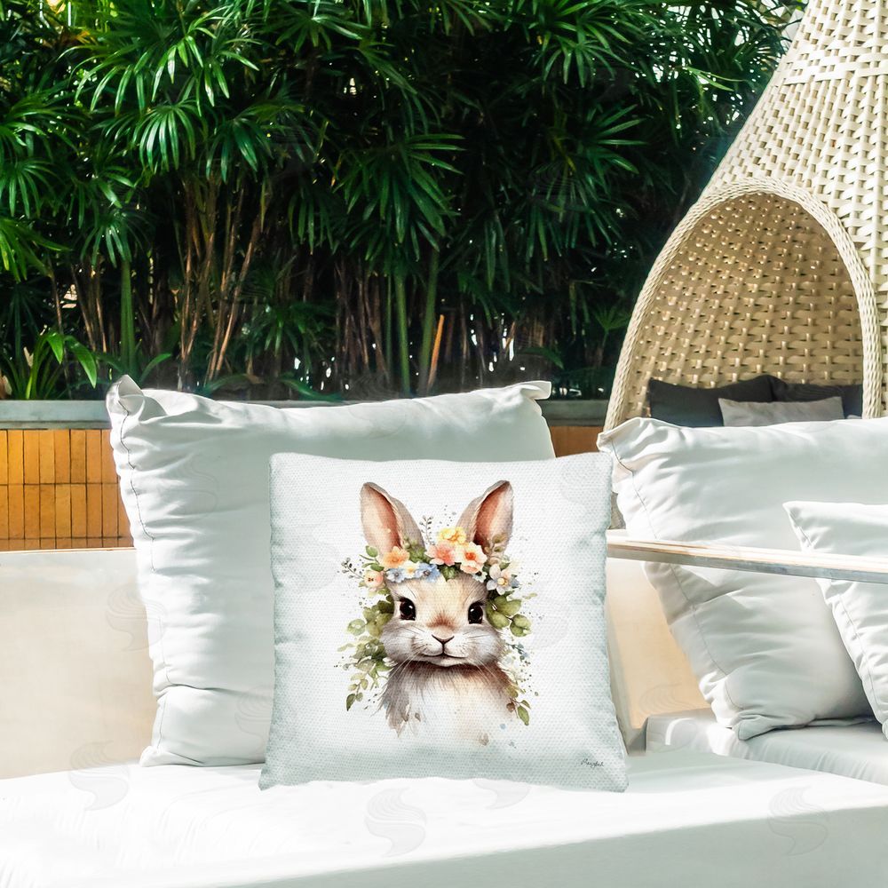 Roozbeh Bunny with Floral Garland Outdoor Quick-Dry Polyester Printed Throw Pillow in Back Yard