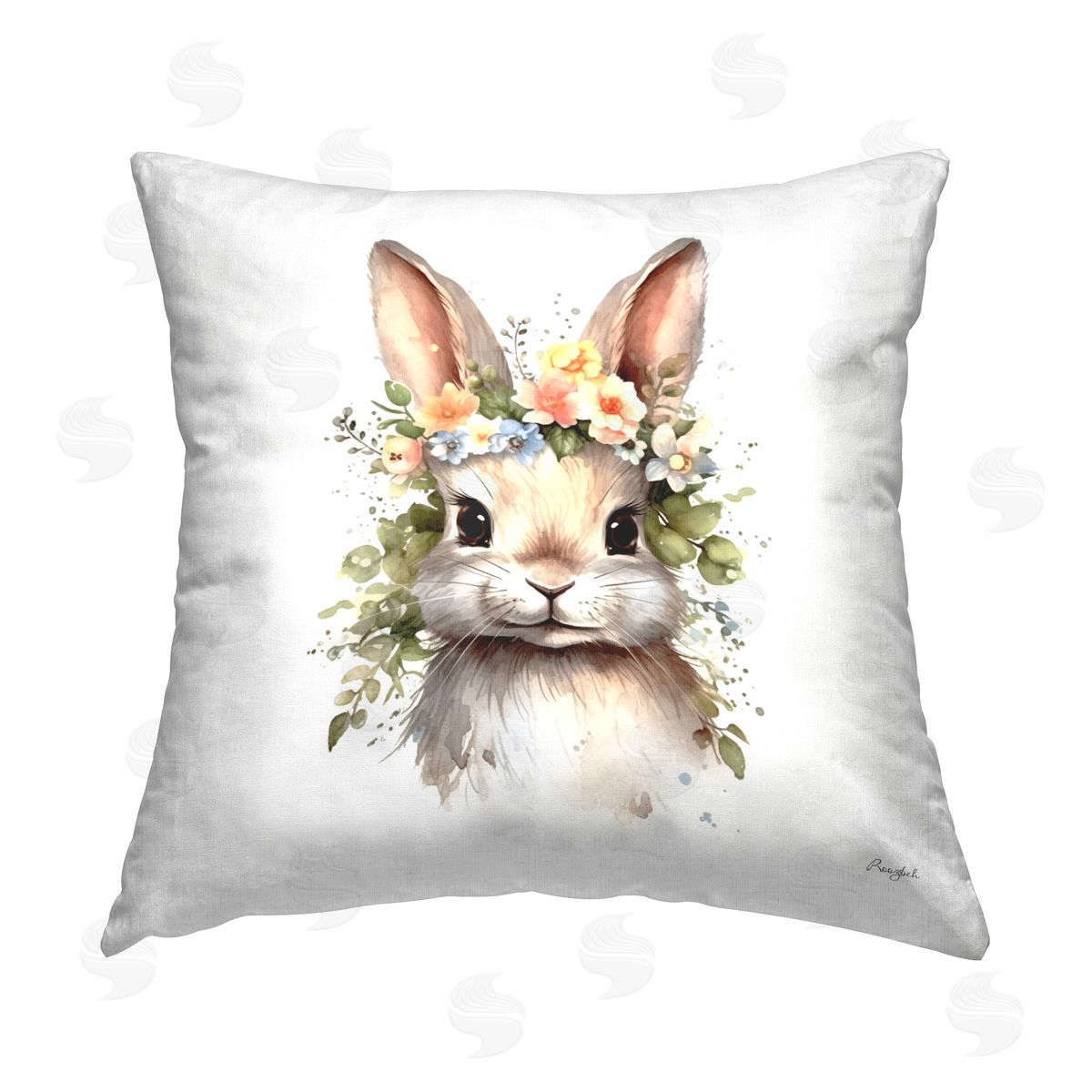 Roozbeh Bunny with Floral Garland Printed Plush Polyester Throw Pillow