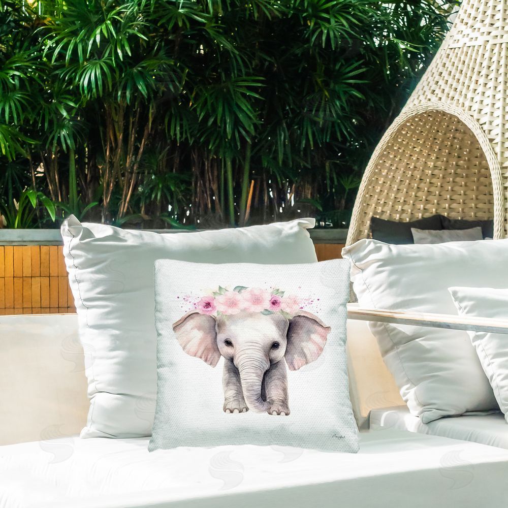 Roozbeh Elephant & Pink Flowers Outdoor Quick-Dry Polyester Printed Throw Pillow in Back Yard