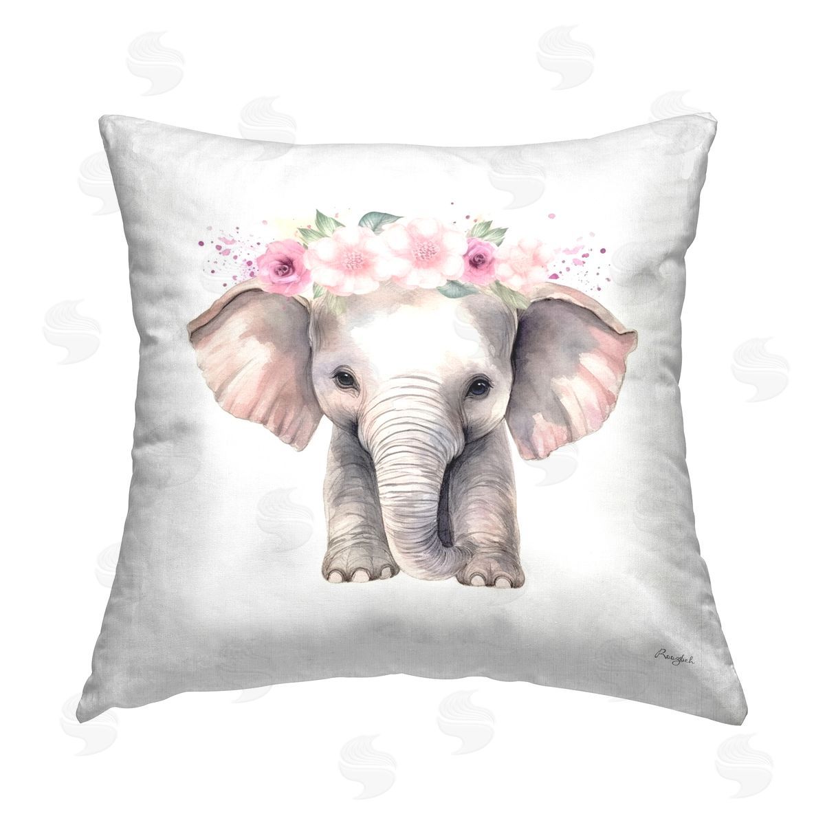 Roozbeh Elephant & Pink Flowers Printed Plush Polyester Throw Pillow