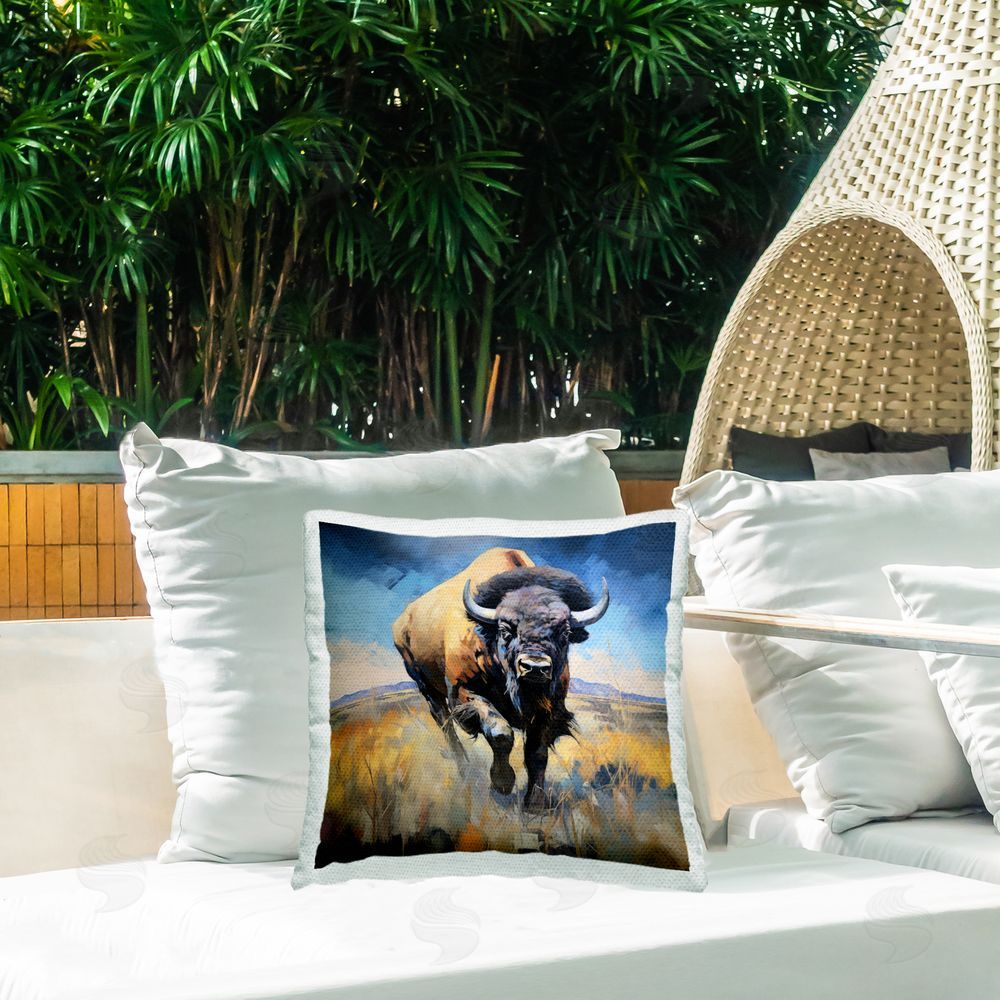 Ray Powers Modern Bison Landscape Outdoor Quick-Dry Polyester Printed Throw Pillow in Back Yard