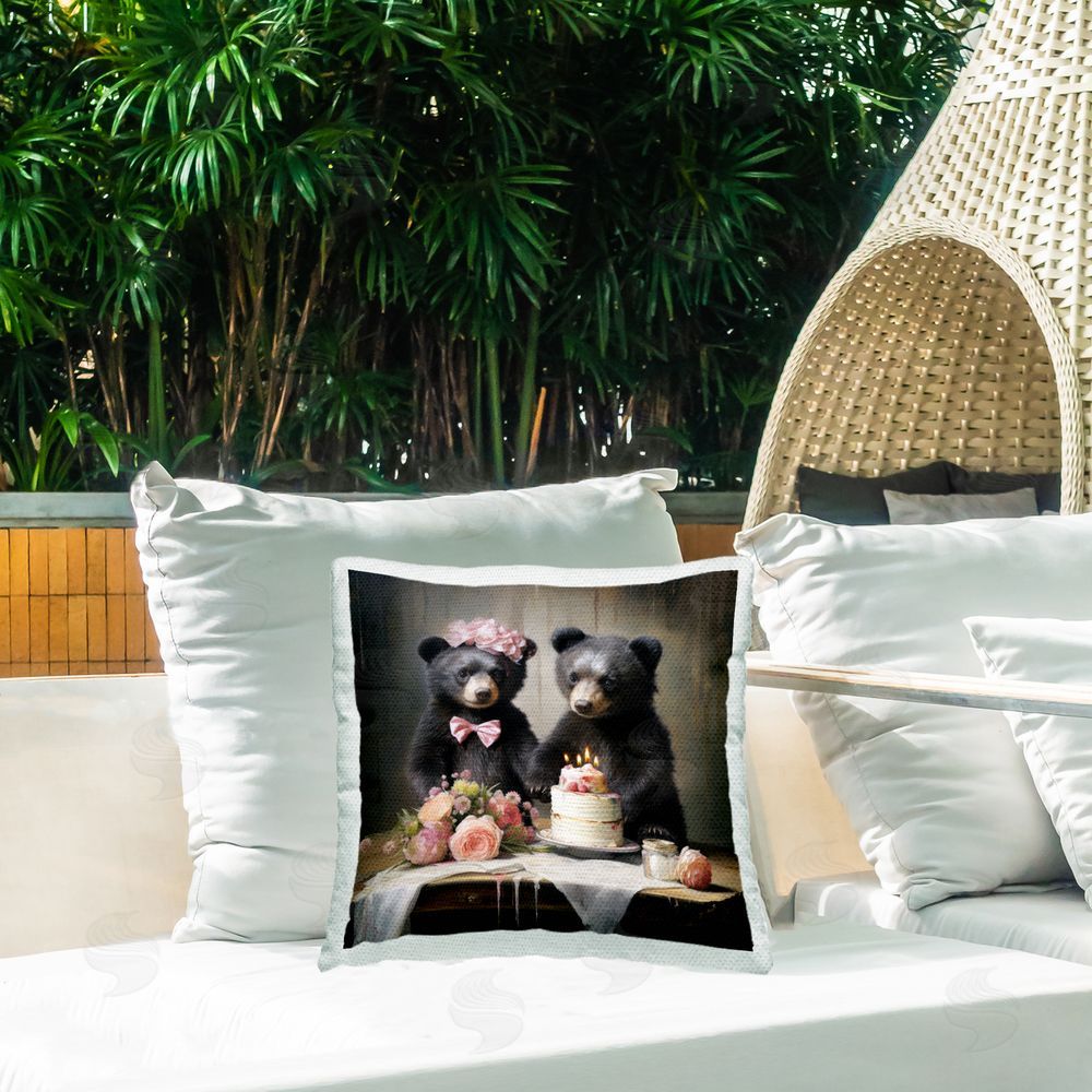 Ray Powers Bears & Wedding Cake Outdoor Quick-Dry Polyester Printed Throw Pillow in Back Yard