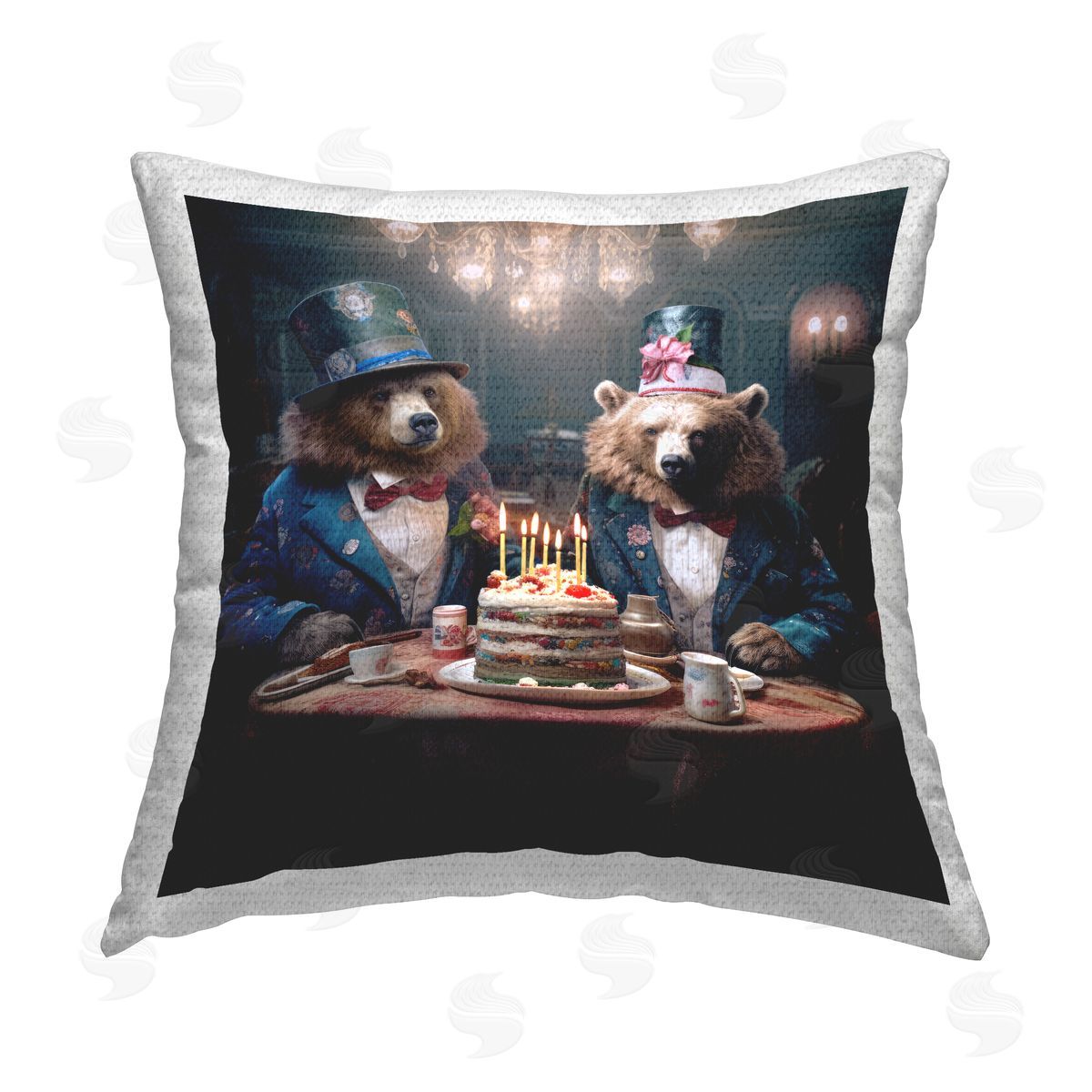 Ray Powers Bears with Party Cake Outdoor Quick-Dry Polyester Printed Throw Pillow