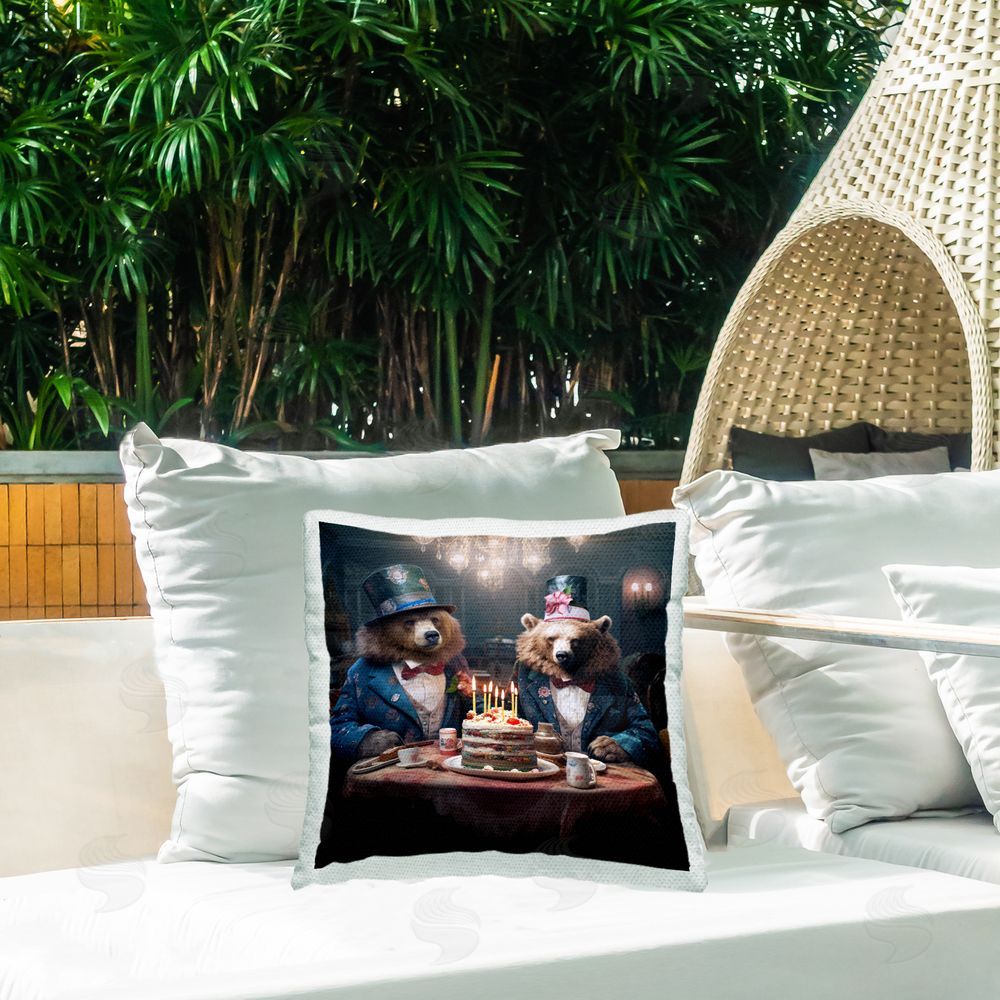Ray Powers Bears with Party Cake Outdoor Quick-Dry Polyester Printed Throw Pillow in Back Yard