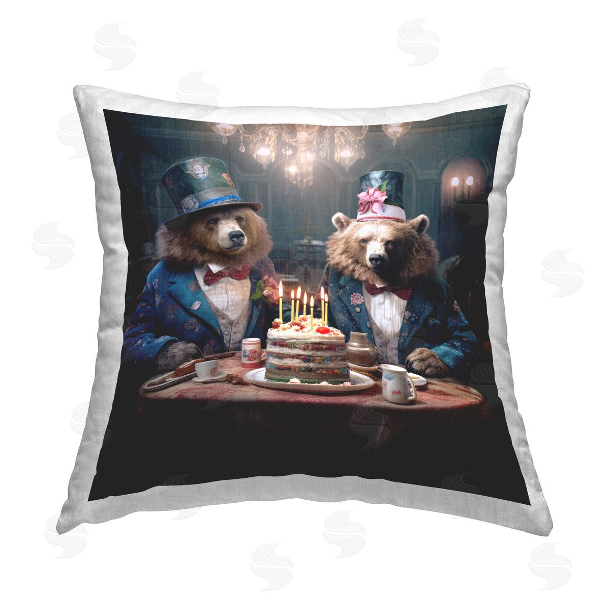 Ray Powers Bears with Party Cake Printed Plush Polyester Throw Pillow