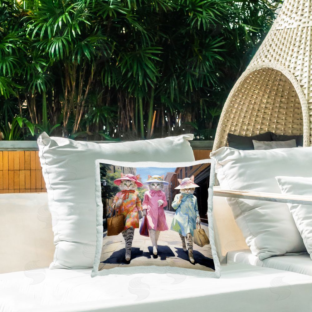 Ray Powers Cats Shopping in Town Outdoor Quick-Dry Polyester Printed Throw Pillow in Back Yard