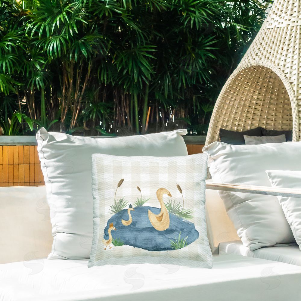 Lucille Price Gingham Duck Family Outdoor Quick-Dry Polyester Printed Throw Pillow in Back Yard