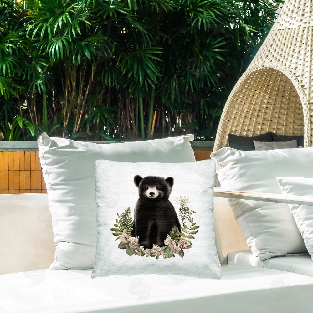 Studio Q Floral Woodland Bear Outdoor Quick-Dry Polyester Printed Throw Pillow in Back Yard
