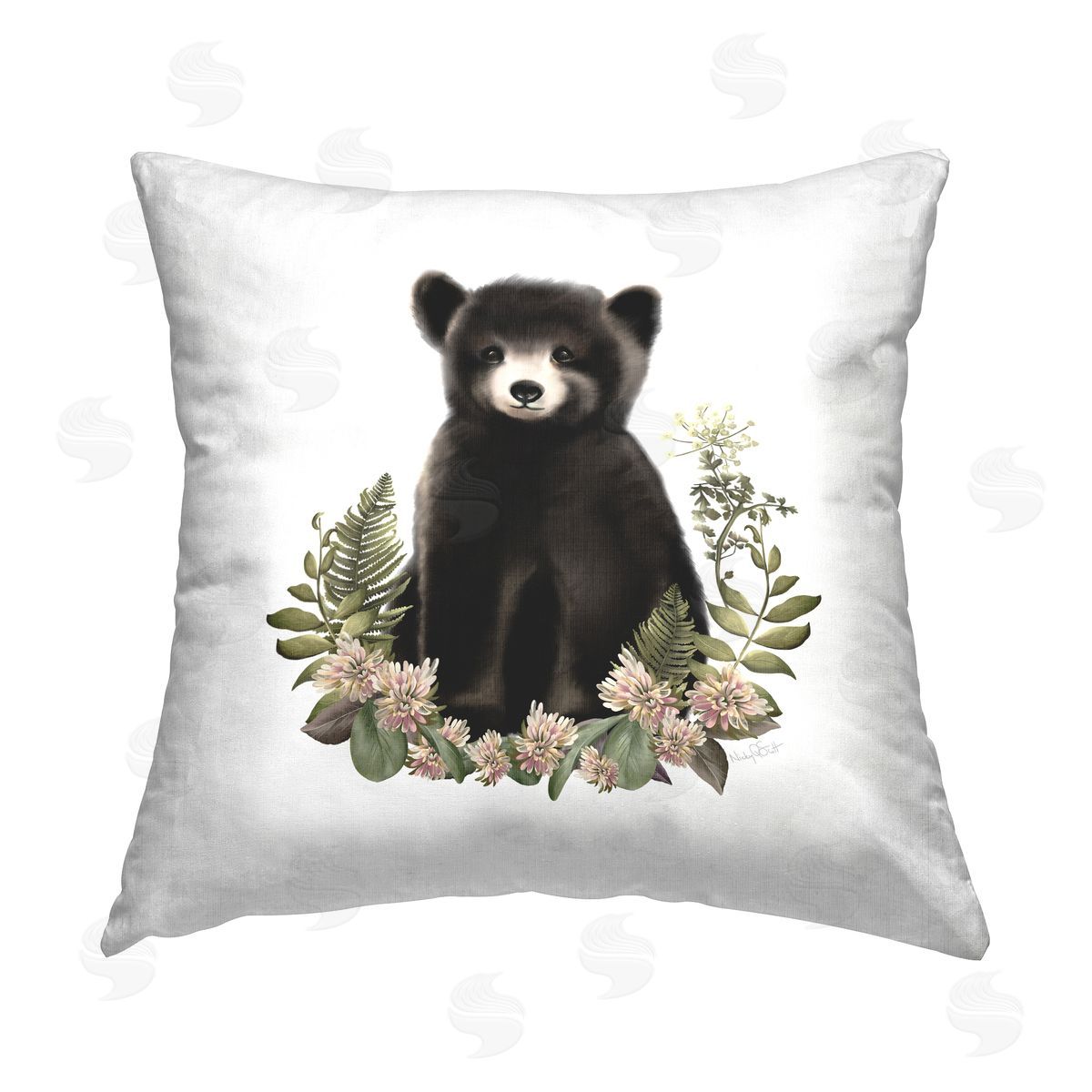 Studio Q Floral Woodland Bear Printed Plush Polyester Throw Pillow