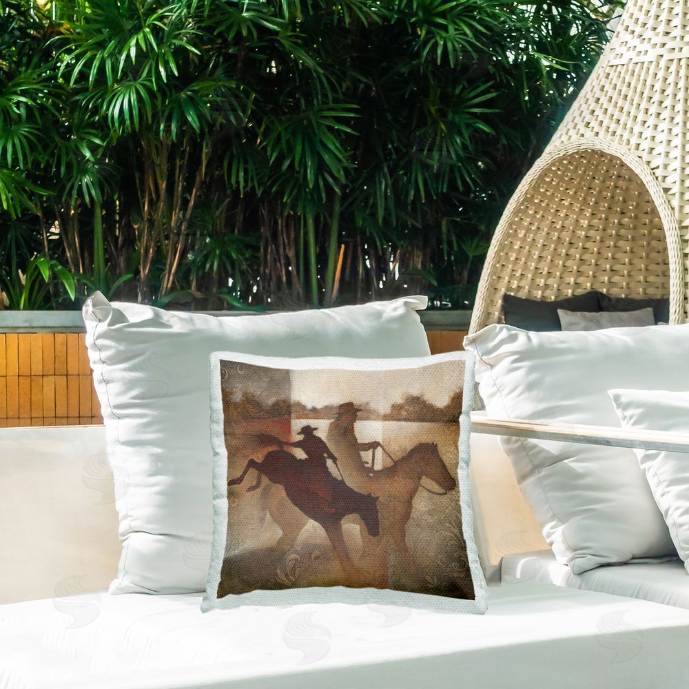 White Ladder Brown Cowboy Abstract Outdoor Quick-Dry Polyester Printed Throw Pillow in Back Yard