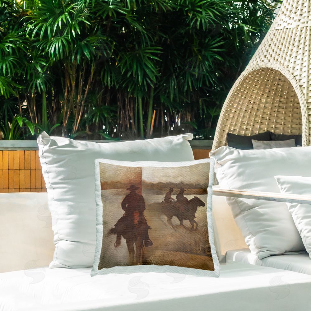 White Ladder Rustic Patterned Cowboys Outdoor Quick-Dry Polyester Printed Throw Pillow in Back Yard