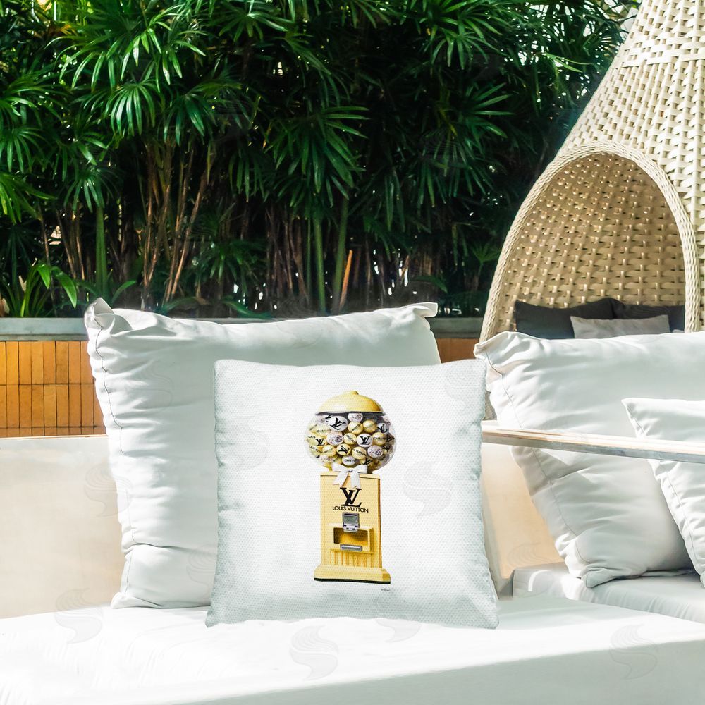 Amanda Greenwood Yellow Glam Candies Outdoor Quick-Dry Polyester Printed Throw Pillow in Back Yard