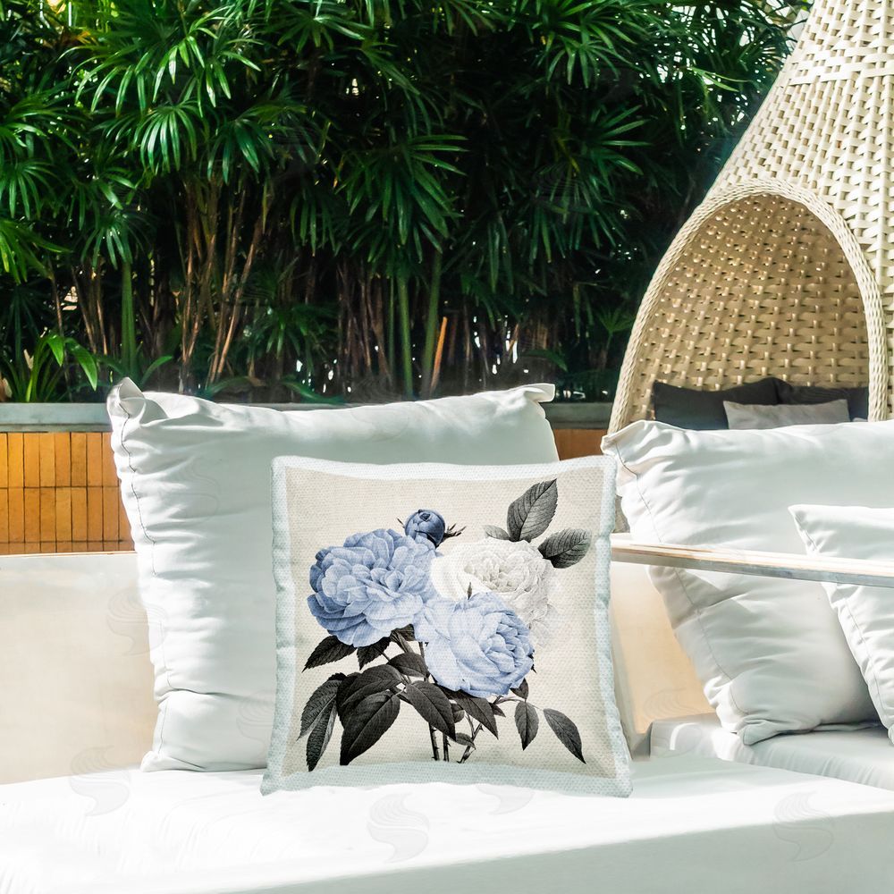 Kelly Donovan Blue Peony Blossoms Outdoor Quick-Dry Polyester Printed Throw Pillow in Back Yard