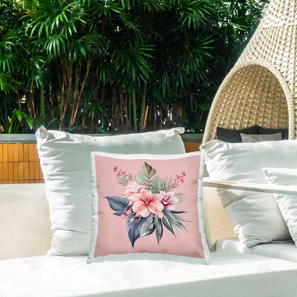 Birch & Ink Hibiscus on Pink Outdoor Quick-Dry Polyester Printed Throw Pillow in Back Yard