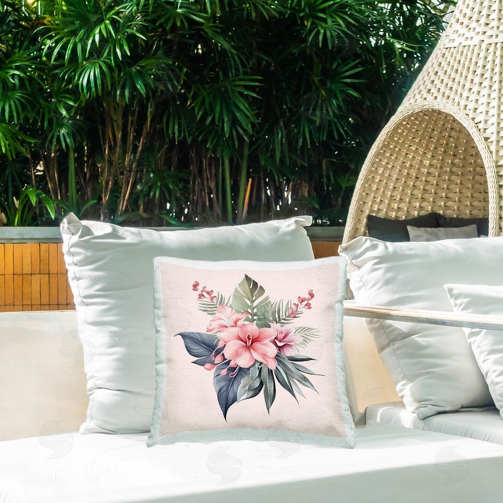 Birch & Ink Mixed Tropical Flowers Outdoor Quick-Dry Polyester Printed Throw Pillow in Back Yard