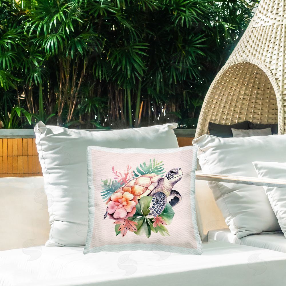 Birch & Ink Tropical Sea Turtle Outdoor Quick-Dry Polyester Printed Throw Pillow in Back Yard