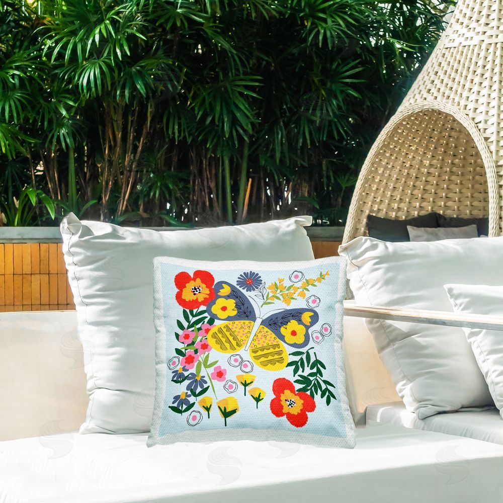 Pragya Kothari Modern Fluttering Blooms Outdoor Quick-Dry Polyester Printed Throw Pillow in Back Yard