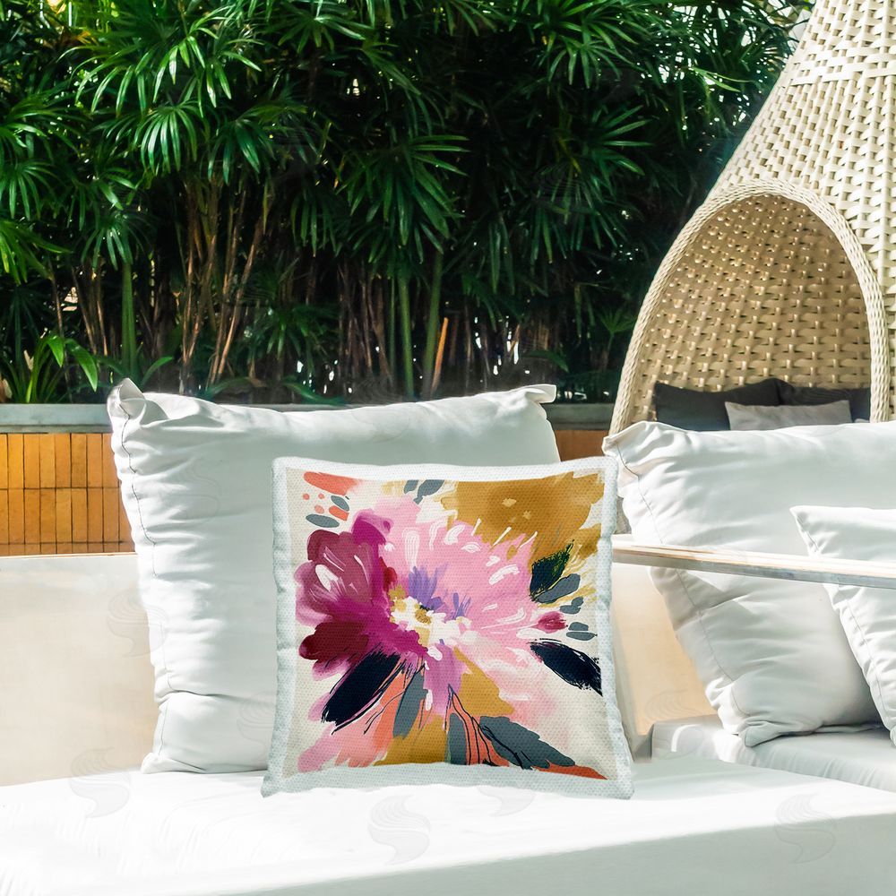 Andrea Haase Abstract Pink Bloom Outdoor Quick-Dry Polyester Printed Throw Pillow in Back Yard