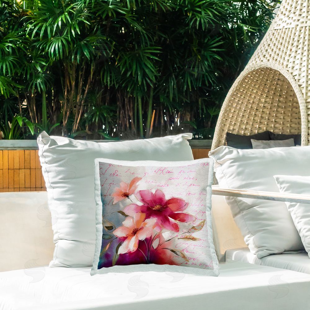 Andrea Haase Pink Blooms & Words Outdoor Quick-Dry Polyester Printed Throw Pillow in Back Yard