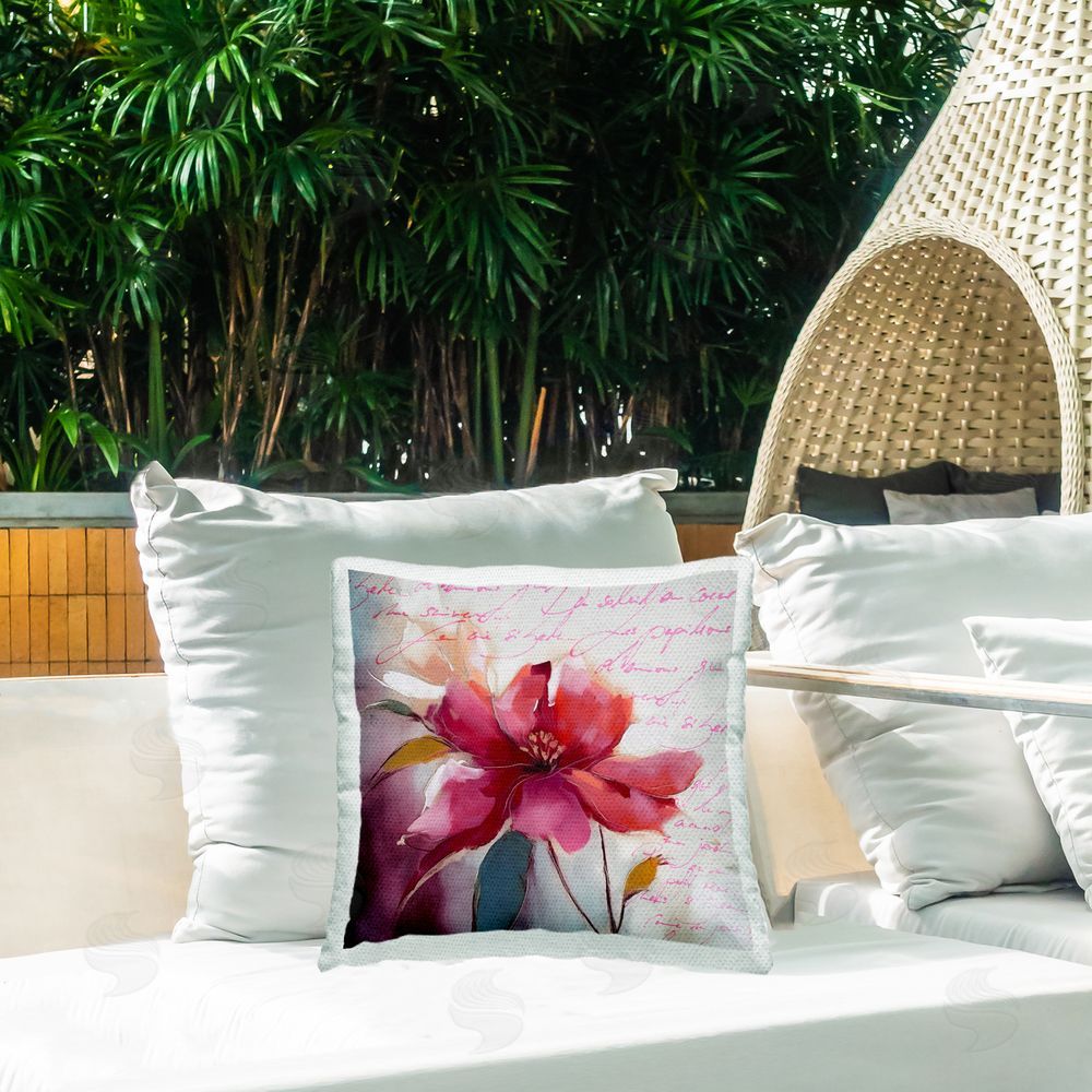 Andrea Haase Pink Flower & Cursive Outdoor Quick-Dry Polyester Printed Throw Pillow in Back Yard