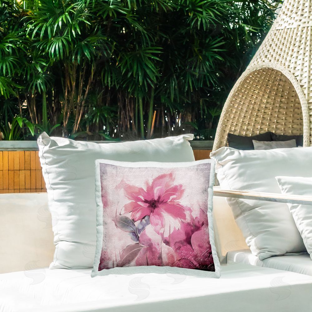 Andrea Haase Pink Floral Cursive Outdoor Quick-Dry Polyester Printed Throw Pillow in Back Yard