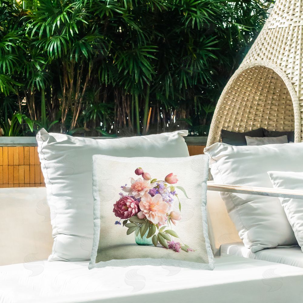 Leah McLean Various Pink Blooms Outdoor Quick-Dry Polyester Printed Throw Pillow in Back Yard