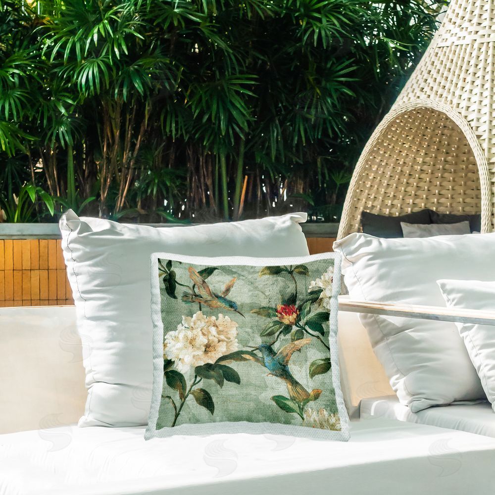 Reneé Campbell Vintage Green Florals Outdoor Quick-Dry Polyester Printed Throw Pillow in Back Yard