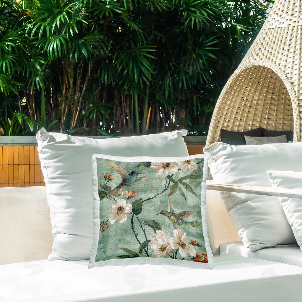 Reneé Campbell Hummingbird Floral Pattern Outdoor Quick-Dry Polyester Printed Throw Pillow in Back Yard