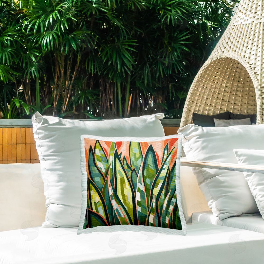 Ziwei Li Green & Orange Leaves Outdoor Quick-Dry Polyester Printed Throw Pillow in Back Yard