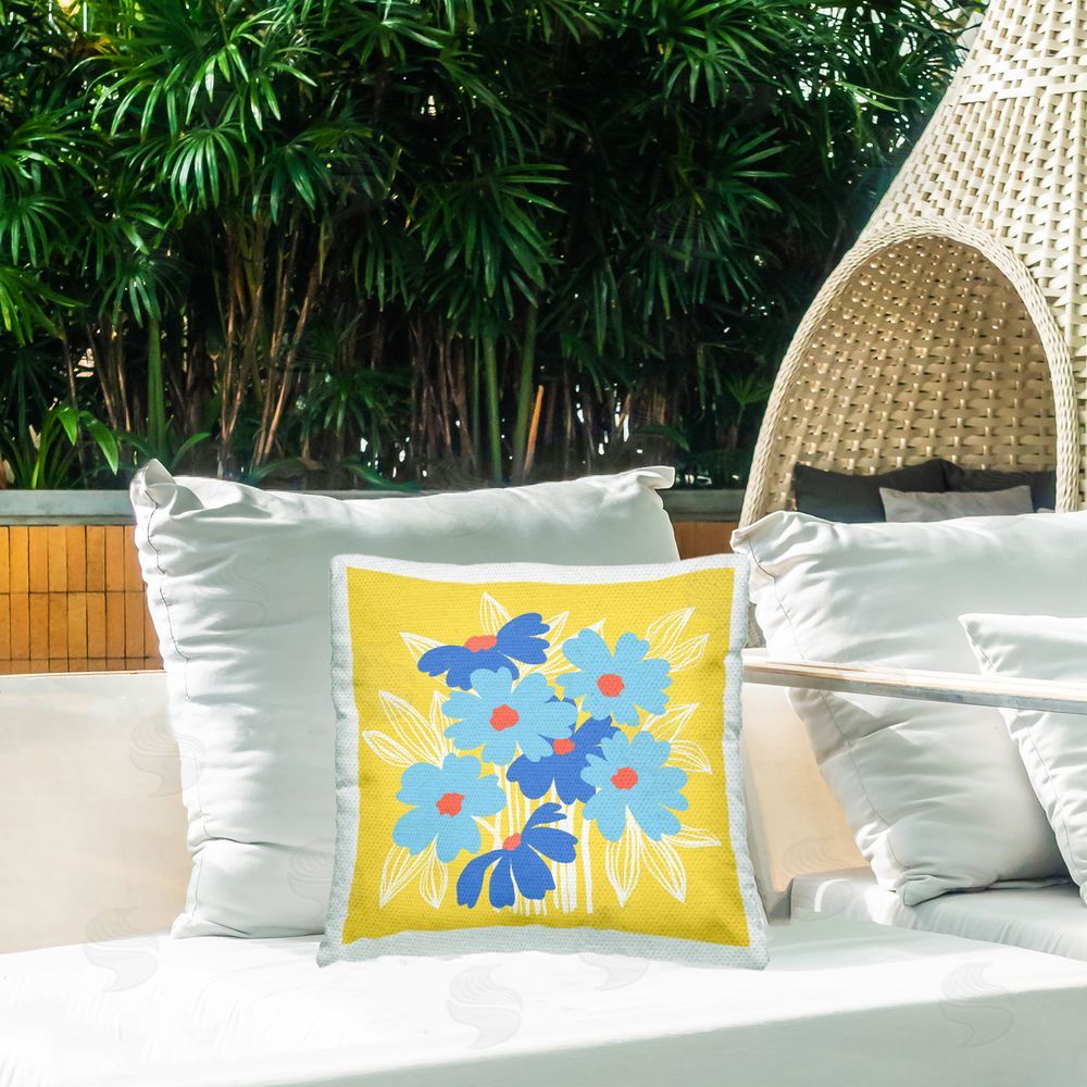 Pragya Kothari Blue Summer Blooms Outdoor Quick-Dry Polyester Printed Throw Pillow in Back Yard