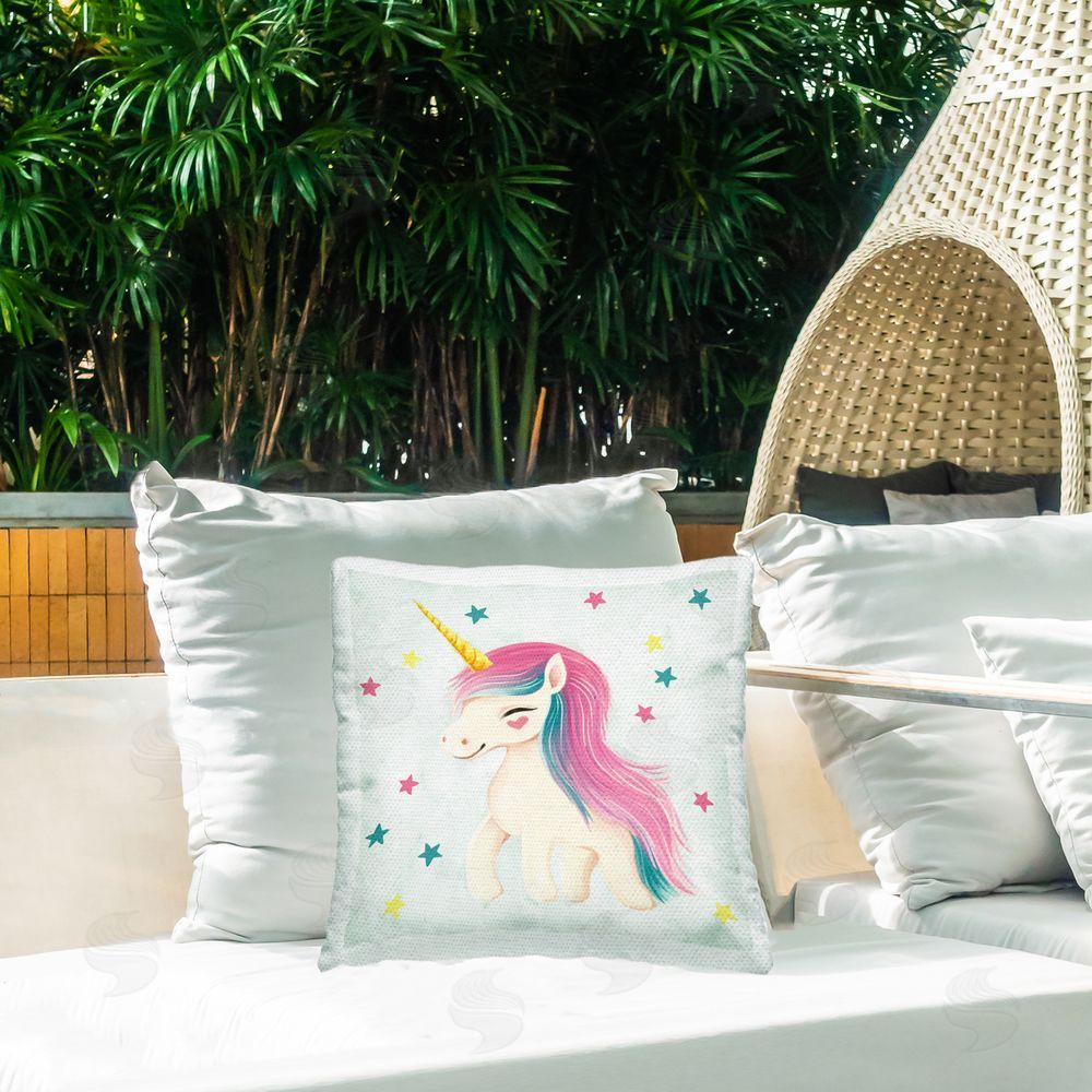 Ziwei Li Smiling Unicorn & Stars Outdoor Quick-Dry Polyester Printed Throw Pillow in Back Yard