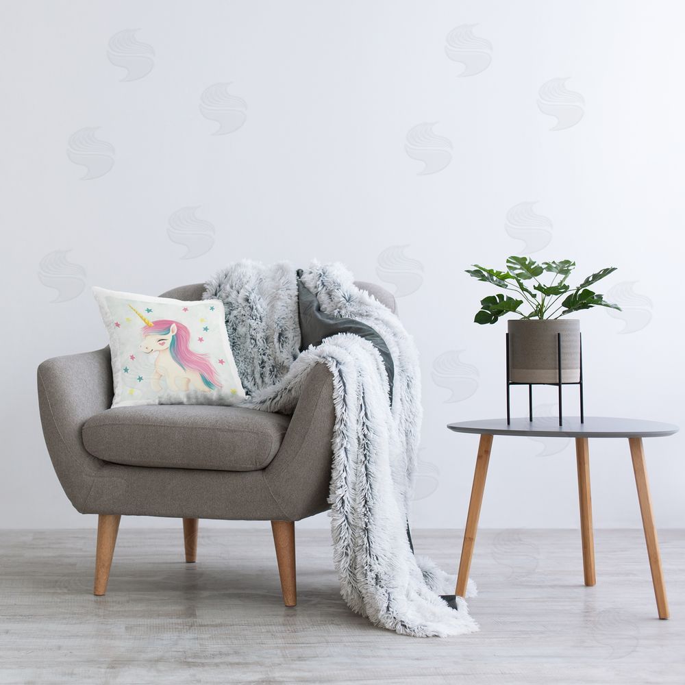 Ziwei Li Smiling Unicorn & Stars Printed Plush Polyester Throw Pillow On Chair