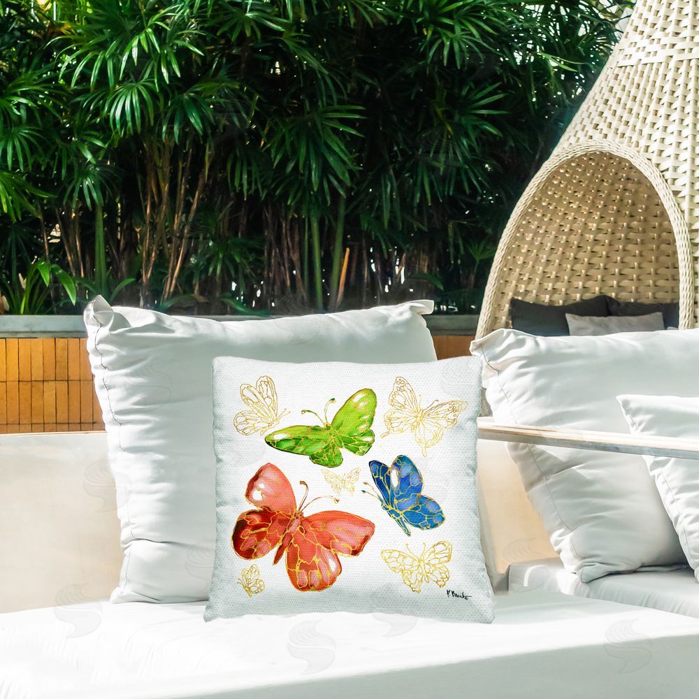 Paul Brent Glam Hued Butterflies Outdoor Quick-Dry Polyester Printed Throw Pillow in Back Yard