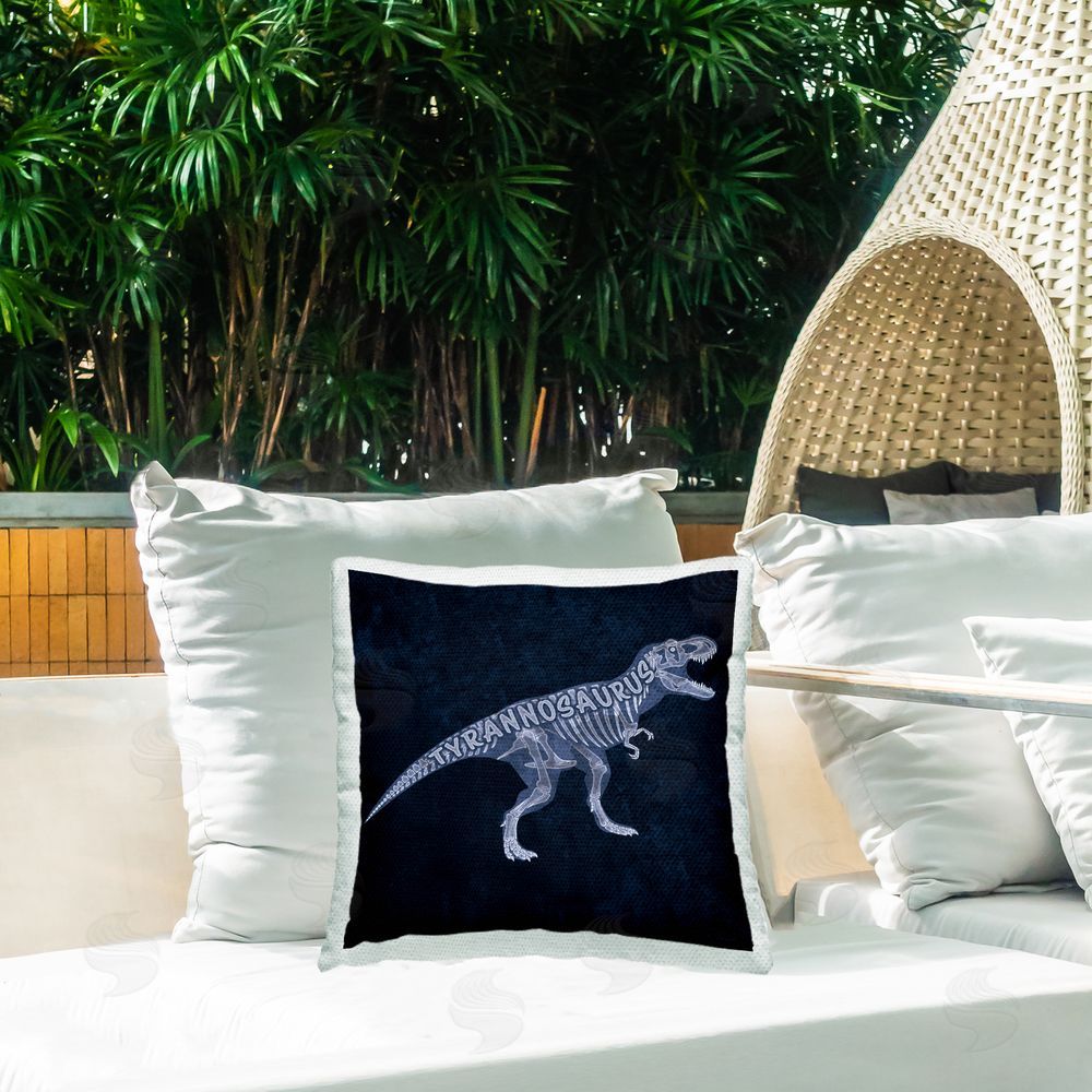 Lauren Rader Blue T-Rex Skeleton Outdoor Quick-Dry Polyester Printed Throw Pillow in Back Yard
