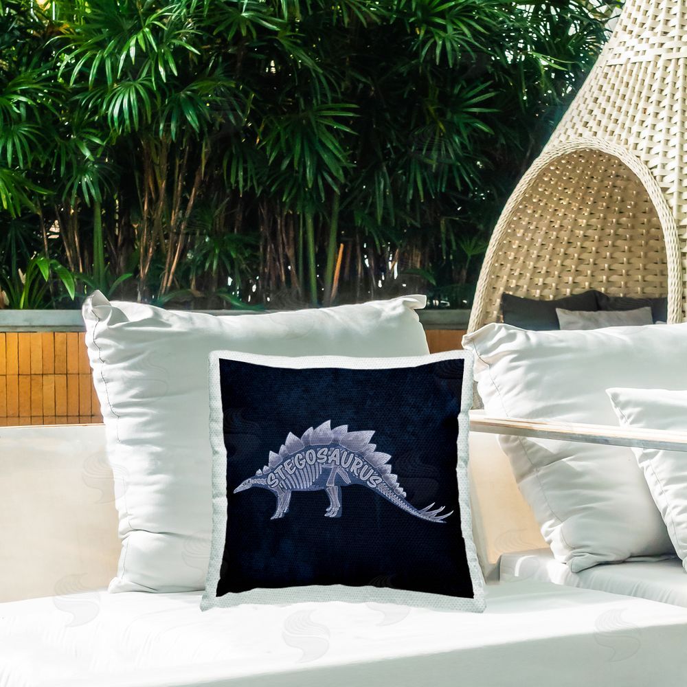 Lauren Rader Blue Stegosaurus Dinosaur Outdoor Quick-Dry Polyester Printed Throw Pillow in Back Yard
