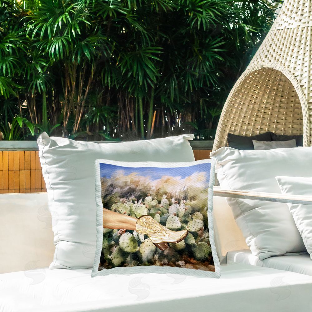 Ziwei Li Cowgirl & Cactus Plants Outdoor Quick-Dry Polyester Printed Throw Pillow in Back Yard