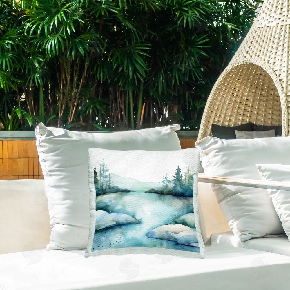 Andrea Haase Blue Pond Landscape Outdoor Quick-Dry Polyester Printed Throw Pillow in Back Yard